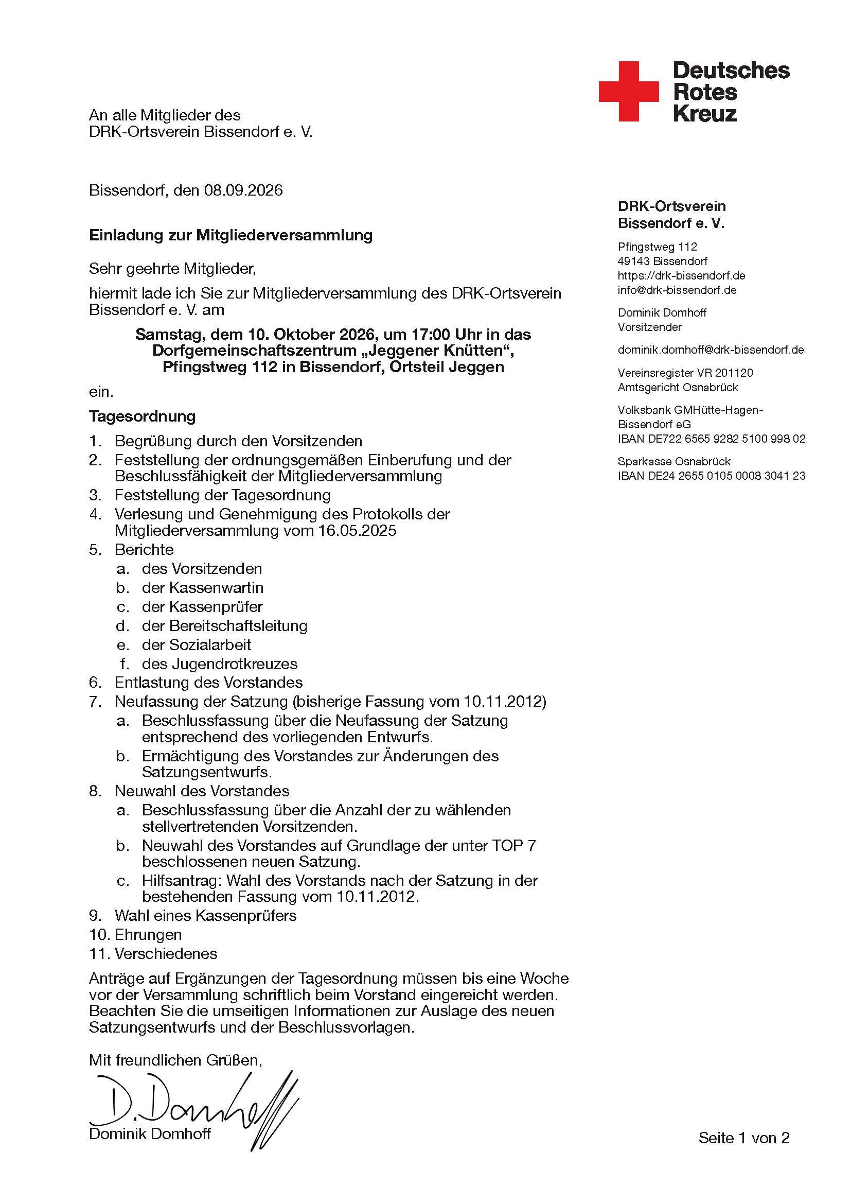 Mitgliederversammlung des DRK-Ortsverein Bissendorf e. V. - Seite 1