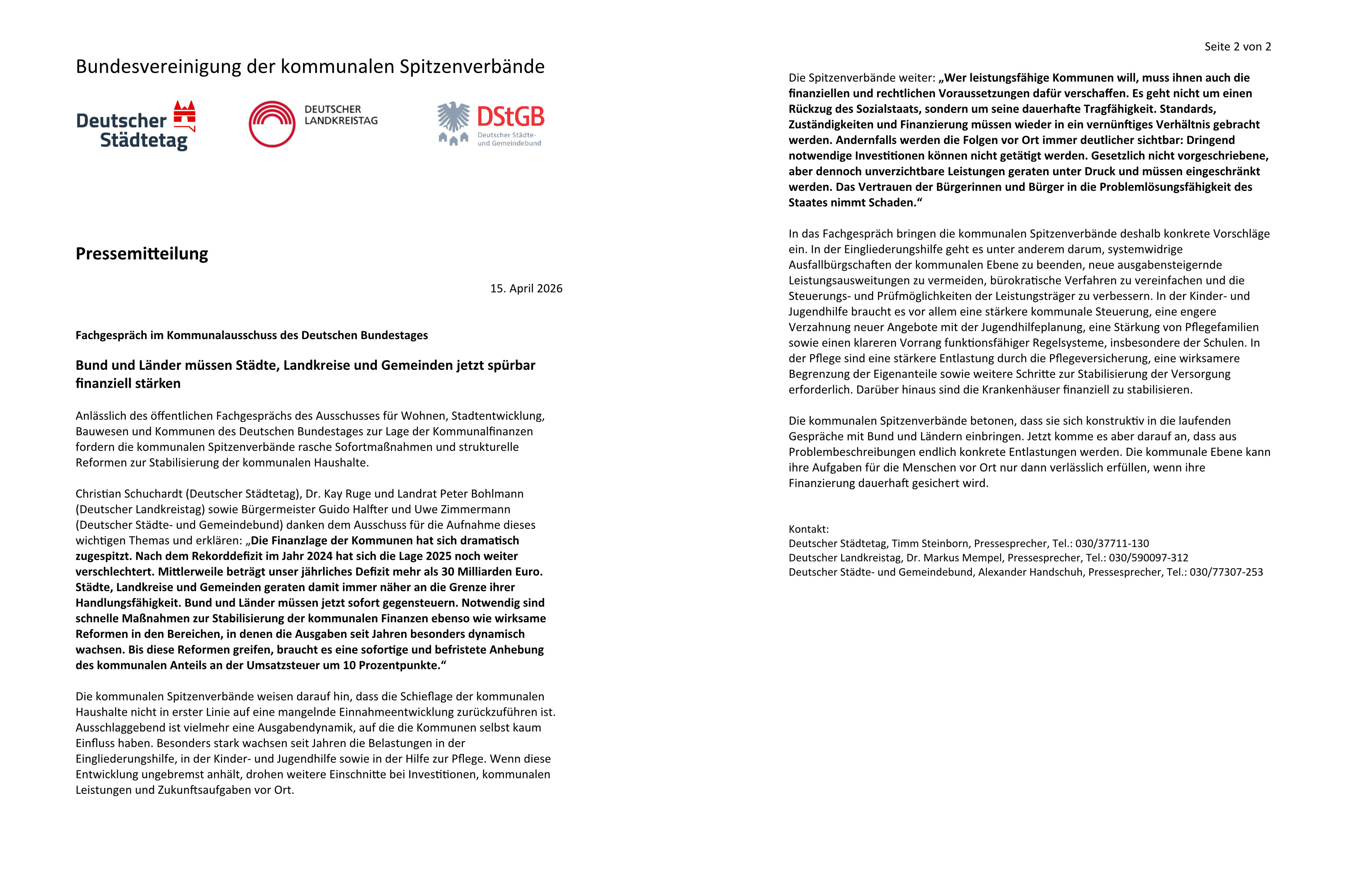 PM DStGB Fachgespräch im Kommunalausschuss des Deutschen Bundestages 15.04.2026