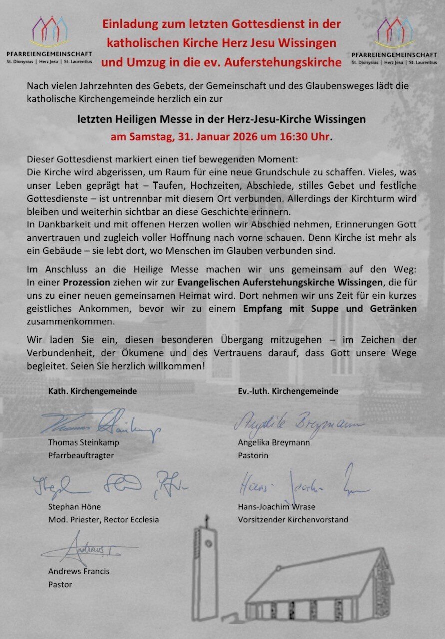 Letzte Heilige Messe in der Herz-Jesu-Kirche Wissingen